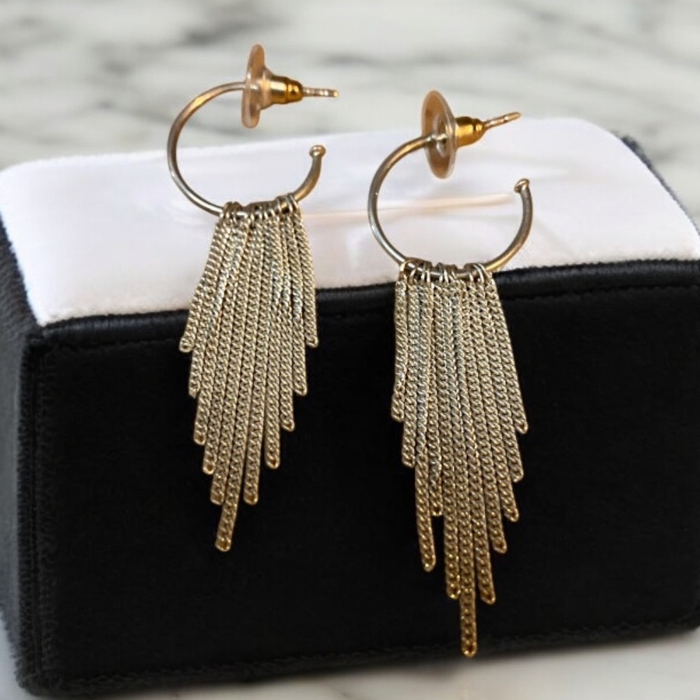 * hoop earrings fringe long dangle silver tone chain style open hoop disco